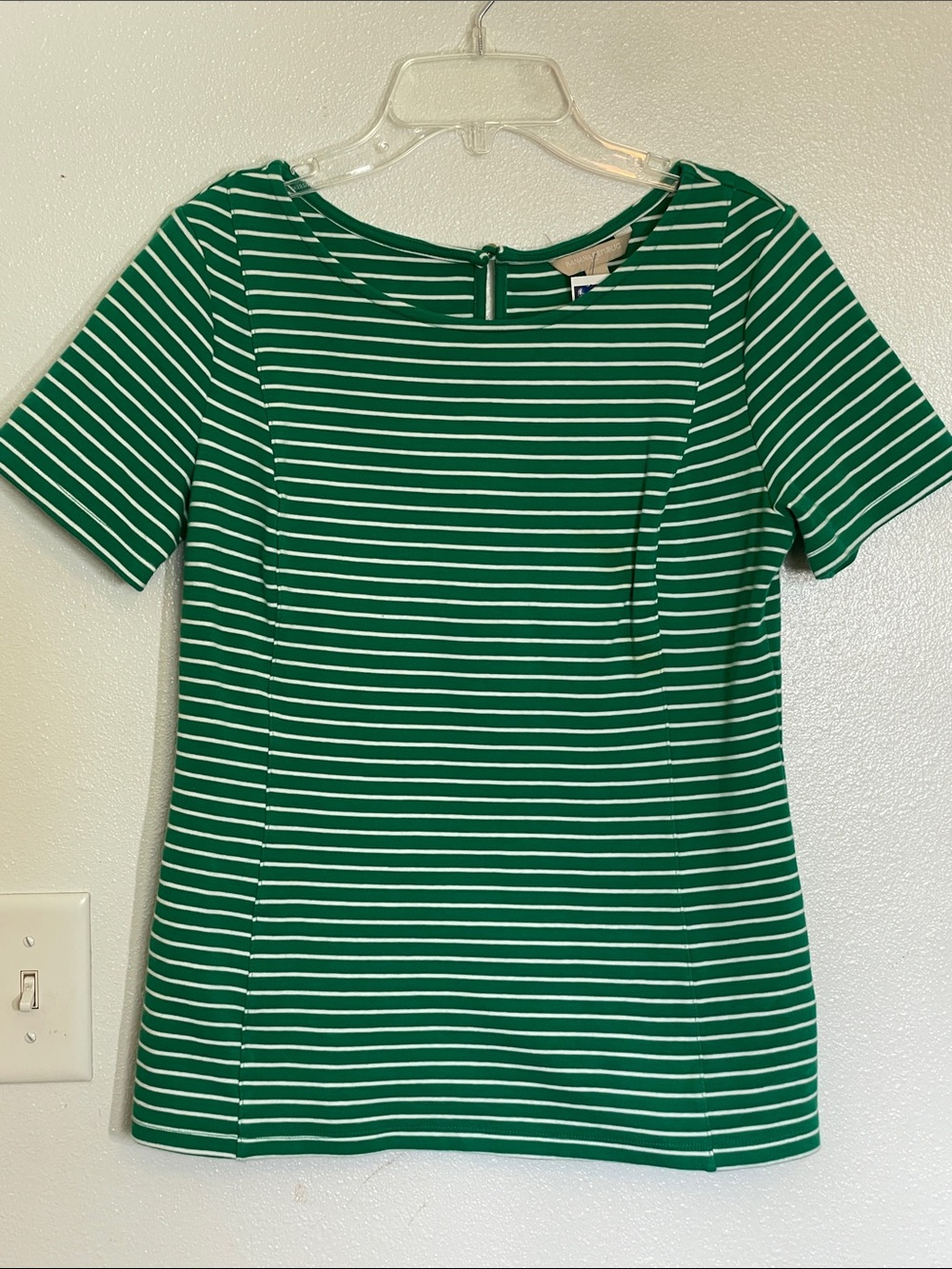 Banana Republic Green and White Striped Short-Sleeve Boatneck Top